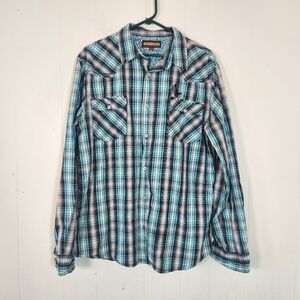Cody James Saddle Ranch Turquoise Gray Plaid Button Down Size Large